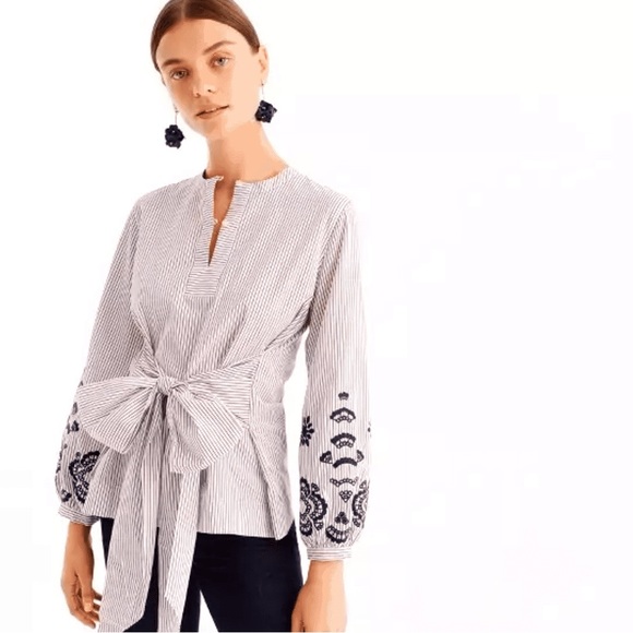J.CREW The Striped Embellished Blouse NWT Size Medium Burgundy Ink Blue White - Picture 1 of 10
